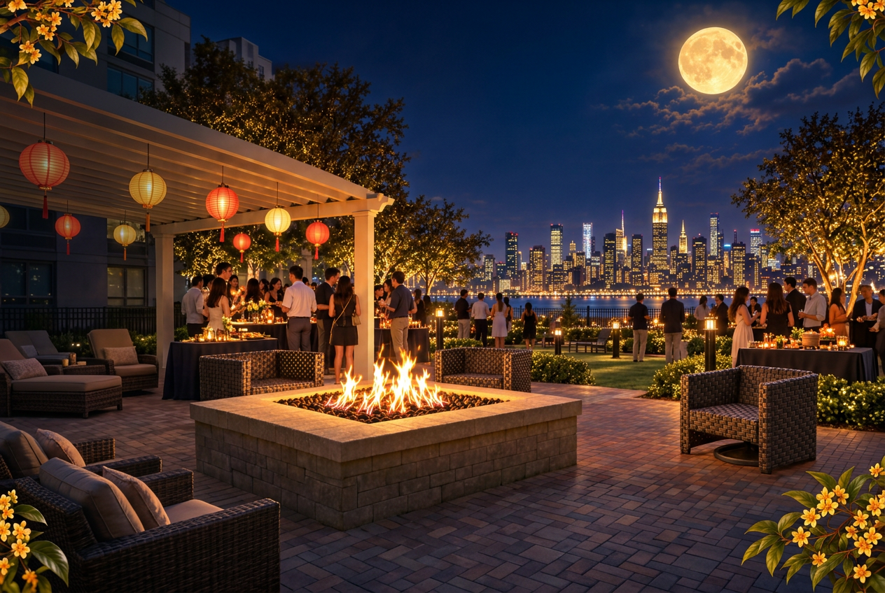 Mid-Autumn Festival celebration on the Hudson Club courtyard — lanterns, fire pit, and the moonlit Manhattan skyline