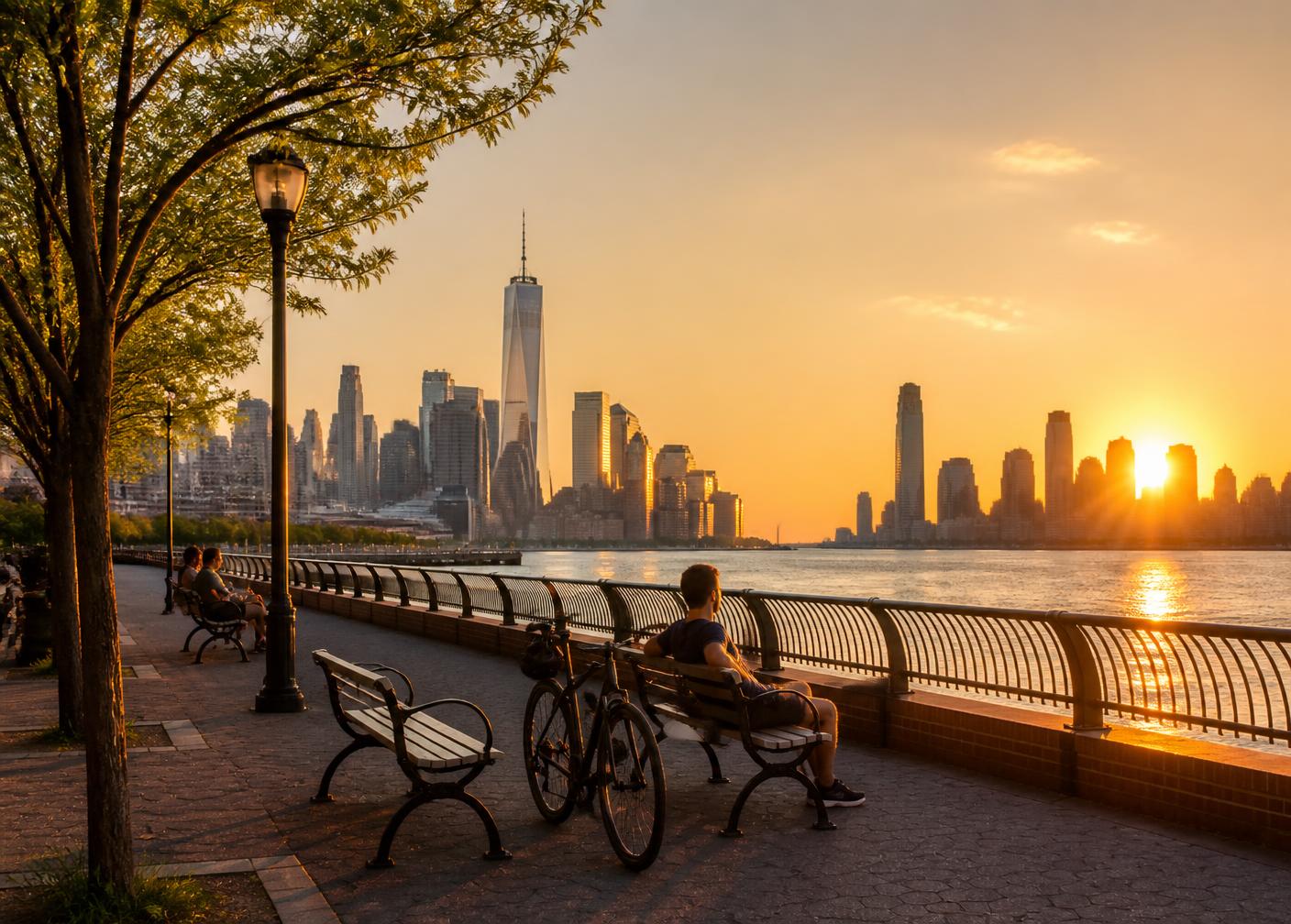 Port Imperial waterfront promenade at golden hour with the Manhattan skyline